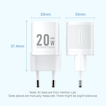 Vention 1-Port USB-C GaN Charger 20W showing dimensions and design details.