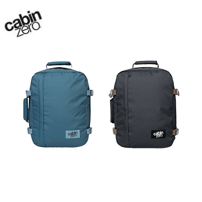 Cabinzero Mini Ultra Light Cabin Bag With Luggage Trackers 28L in blue and black colors.