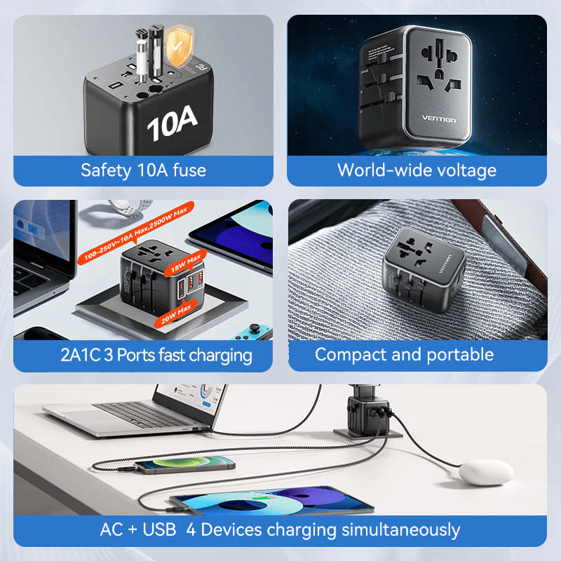 Vention 3-Port USB (C+A+A) Universal Travel Adapter 20W features 10A safety fuse and fast charging for 4 devices.
