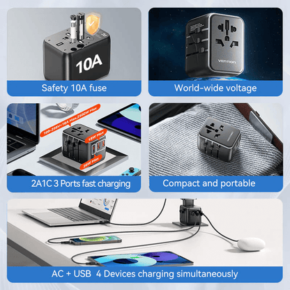 Vention 3-Port USB (C+A+A) Universal Travel Adapter 20W features 10A safety fuse and fast charging for 4 devices.