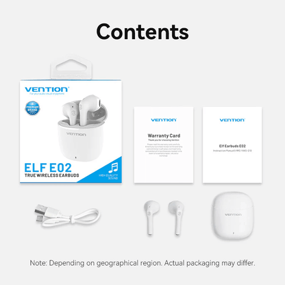 Vention True Wireless Bluetooth Earbuds Elf E02 contents including charging case, earbuds, warranty card, and USB cable.