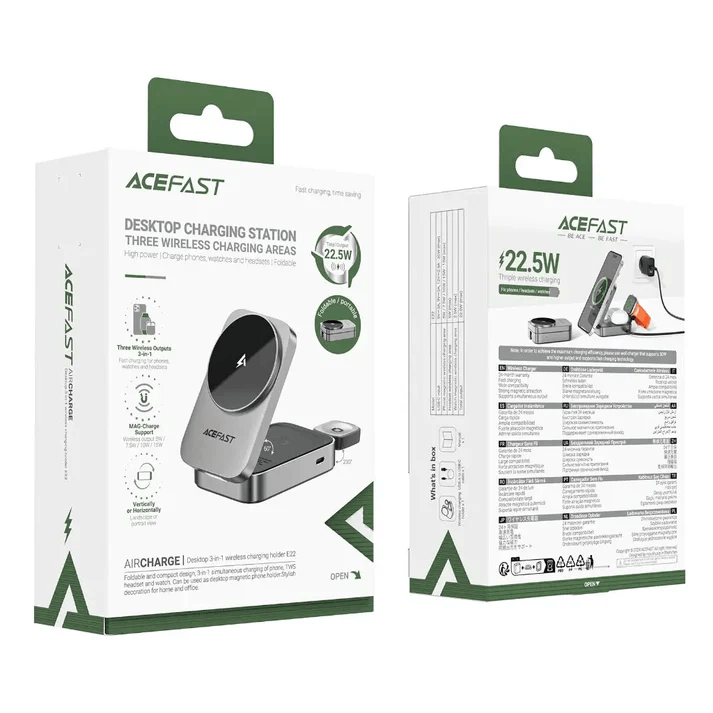 Acefast Desktop 3-in-1 Wireless Charger packaging showcasing three wireless charging areas for corporate gift use.