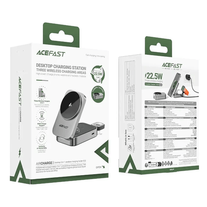 Acefast Desktop 3-in-1 Wireless Charger packaging showcasing three wireless charging areas for corporate gift use.