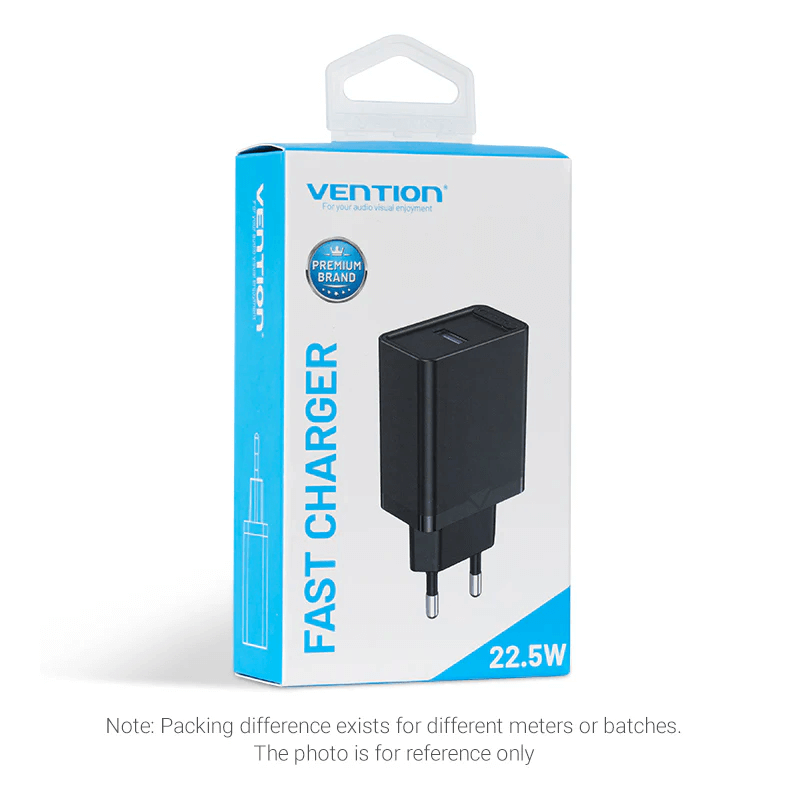 Vention 1-Port USB Wall Charger 22.5W in packaging, designed for efficiency and rapid device charging.