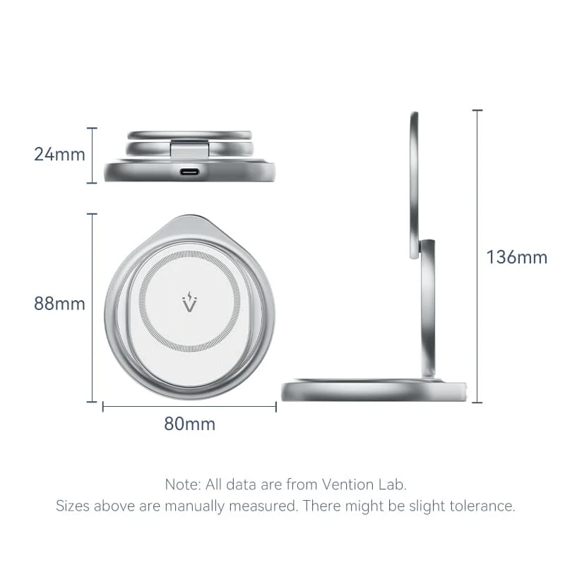 Vention 3-in-1 Round 15W Wireless Charger Stand with MagSafe dimensions from multiple angles, showcasing its sleek design.
