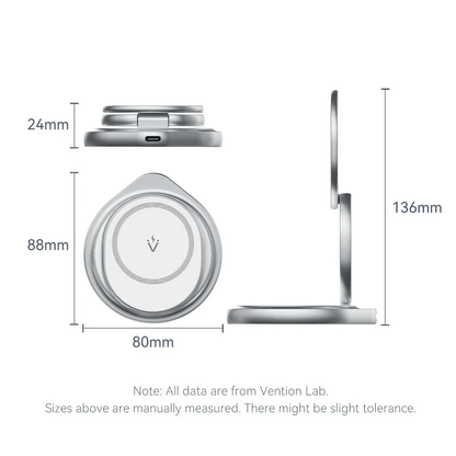 Vention 3-in-1 Round 15W Wireless Charger Stand with MagSafe dimensions from multiple angles, showcasing its sleek design.