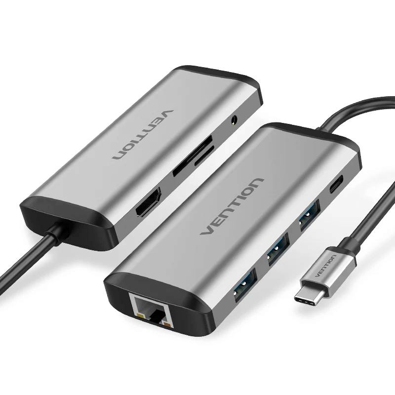 Vention 9-in-1 USB-C USB Hub displaying multiple connectivity ports and sleek design.