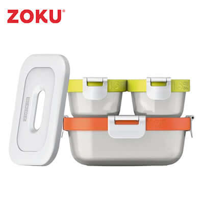 Zoku 7 Piece Neat Stack Food Container with colorful bands for organization and storage in a kitchen setting.