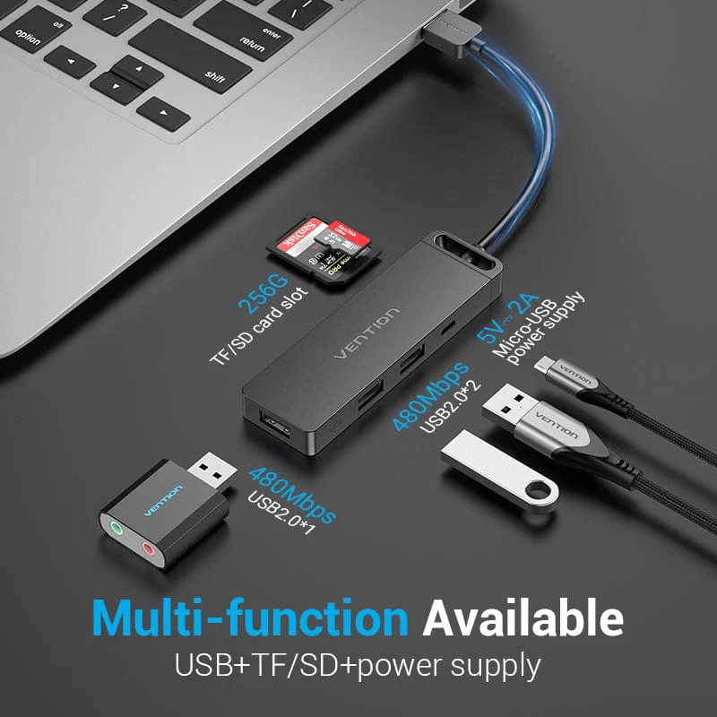 Vention 6-in-1 USB 2.0 Hub with SD/TF slots and power supply for seamless connectivity