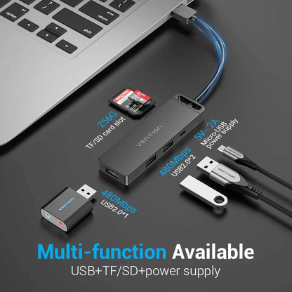 Vention 6-in-1 USB 2.0 Hub with SD/TF slots and power supply for seamless connectivity