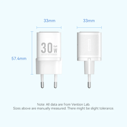 Vention 1-Port USB-C GaN Charger 30W dimensions and design showcasing compact size for efficient charging.