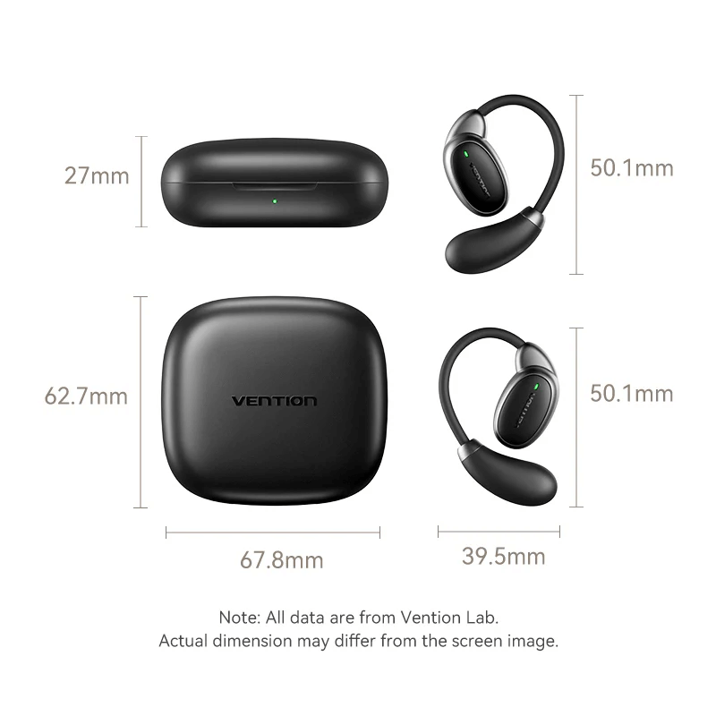 Vention Wireless Bluetooth Open Ear Headphones OpenBeat with charging case and specifications dimensions.