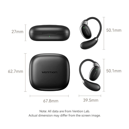 Vention Wireless Bluetooth Open Ear Headphones OpenBeat with charging case and specifications dimensions.