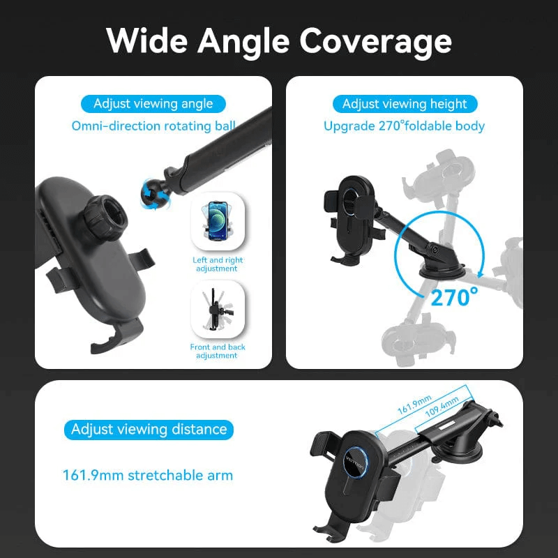 Vention Car Phone Mount with Dual Mounting Mode features adjustable viewing angle and height with a 270° foldable body.