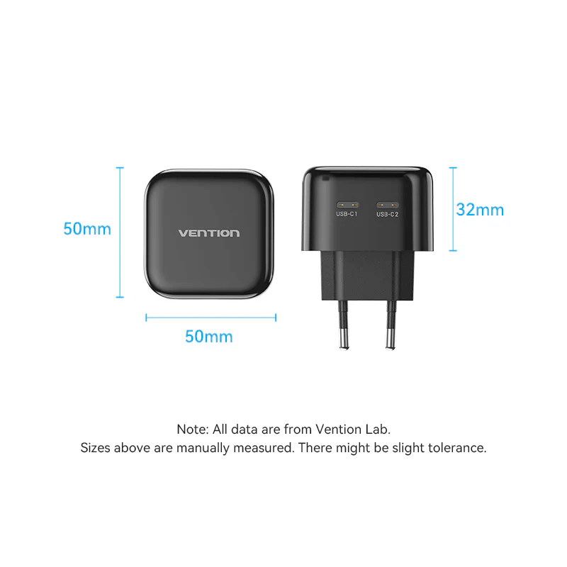 Vention 2-Port USB (C+C) GaN Charger 35W showing dimensions of 50mm x 50mm x 32mm, perfect for corporate gift.
