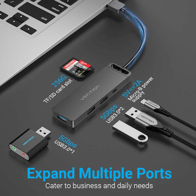 Vention 6-in-1 USB 3.0 Hub showcasing multiple ports for seamless connectivity and quick data transfer.