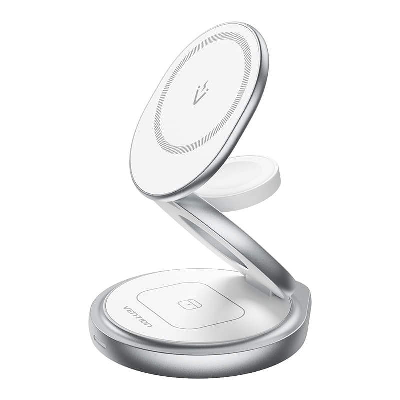 Vention 3-in-1 Round 15W Wireless Charger Stand with MagSafe in sleek design, ideal for corporate gift.