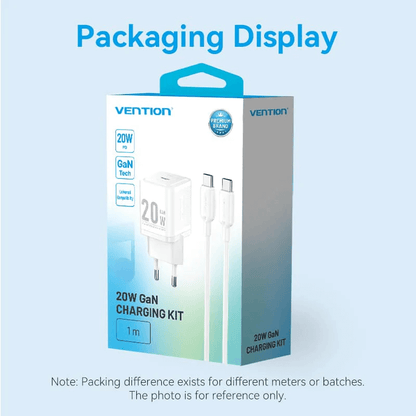 Vention 1-Port USB-C GaN Charger 20W with Cable 1M packaging display for fast charging solutions.