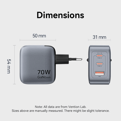 Vention 3-Port USB (C+C+A) GaN Charger 70W dimensions diagram with measurements.