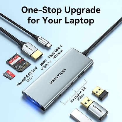 Vention 7-in-1 USB-C Hub with multiple ports and connectors, ideal for corporate gifts and modern connectivity needs.