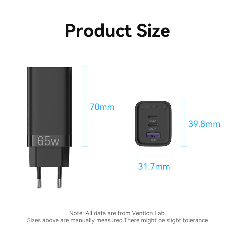 Vention 3-Port USB(C+C+A) Compact GaN Charger 65W dimensions showing height and width for product size