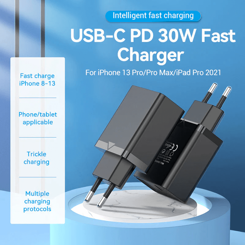 Vention 1-Port USB-C Wall Charger 30W with intelligent fast charging for iPhone and tablets.