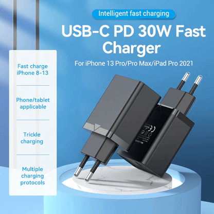 Vention 1-Port USB-C Wall Charger 30W with intelligent fast charging for iPhone and tablets.