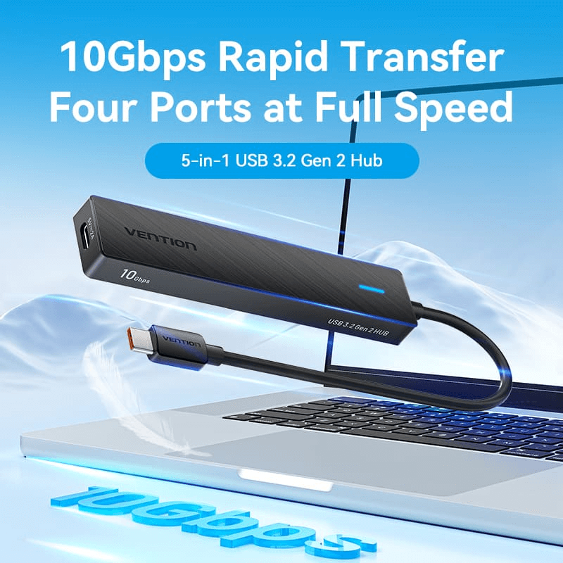 Vention 5-in-1 USB 3.2 Gen 2 Rapid Transfer Hub with 10Gbps speed and four ports for quick data transfer.