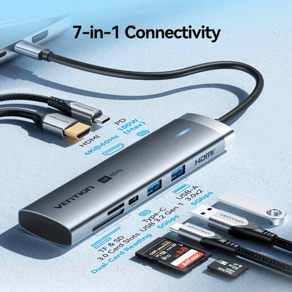 Vention 7-in-1 USB-C Docking Station showcasing 7-in-1 connectivity and multiple ports for efficient device connection.