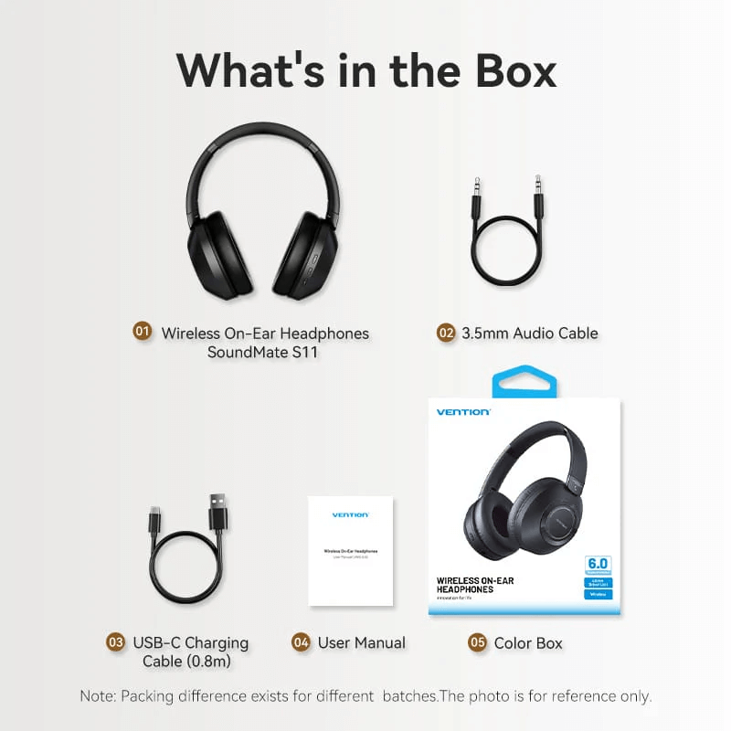 Vention Wireless On-Ear Headphones SoundMate in the box with accessories including cables and user manual.