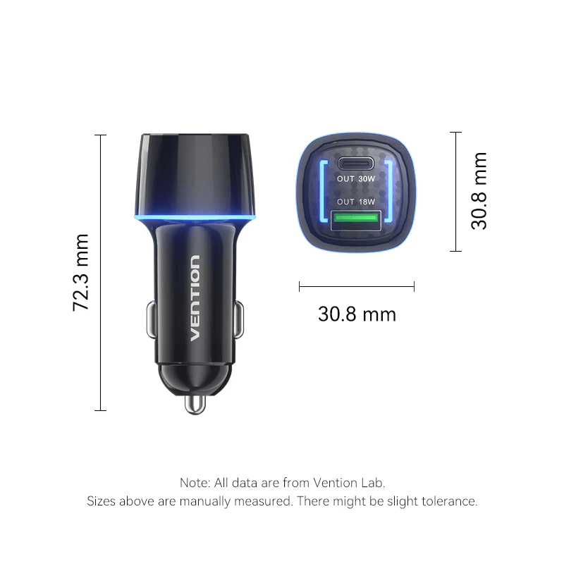 Vention Car Charger with 2 Ports 30W, dual-port design for fast charging with safety features.
