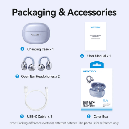 Vention ECHO CLIP A1 Open Ear Headphones packaging and accessories including charging case and USB-C cable.