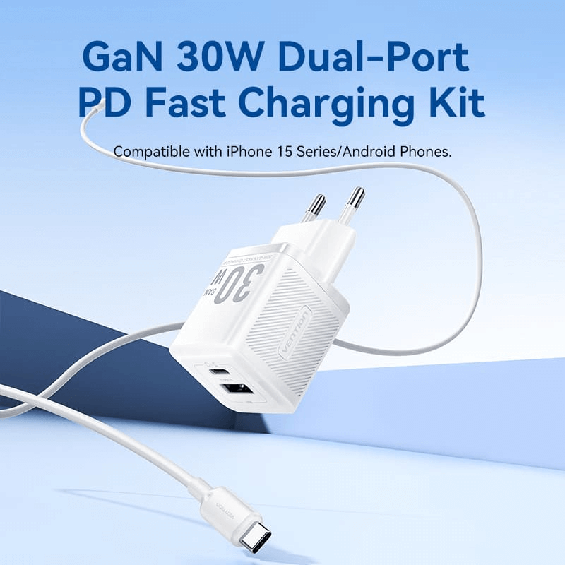 Vention 2-Port GaN Charger (30W) with Cable (1M) for rapid dual-device charging and compatibility with iPhone 15.