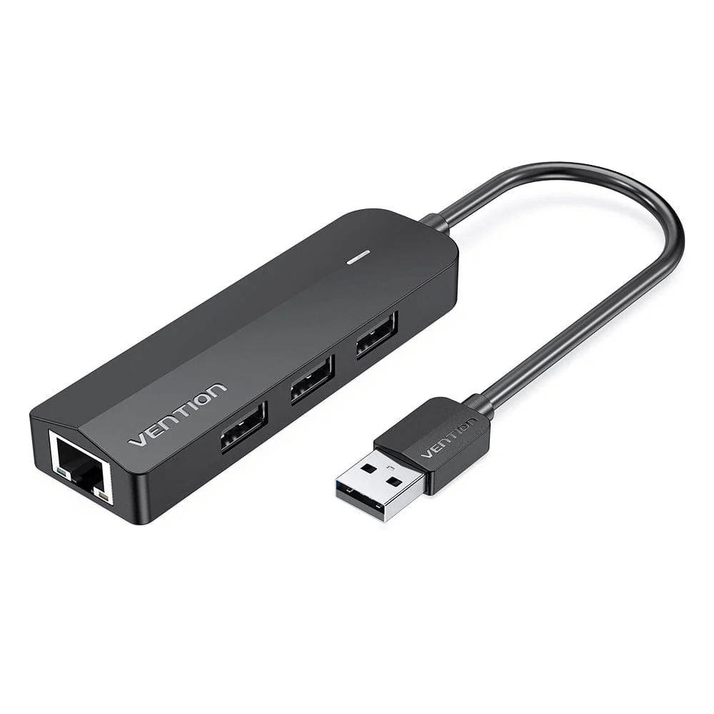 Vention 5-in-1 USB 2.0 Hub with three expansion ports and Ethernet connectivity for seamless data access.