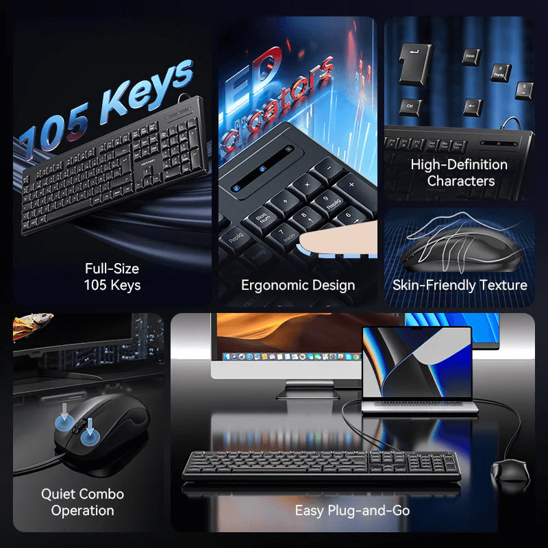 Vention USB Wired Full-Sized Silent Keyboard and Mouse Combo featuring ergonomic design and 105 keys for seamless productivity.