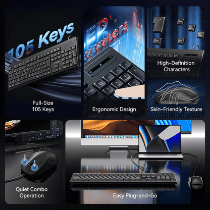 Vention USB Wired Full-Sized Silent Keyboard and Mouse Combo featuring ergonomic design and 105 keys for seamless productivity.
