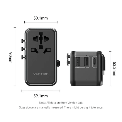 Vention 3-Port GaN Travel Adapter with Built-in Cable dimensions showing width, height, and depth for global use.