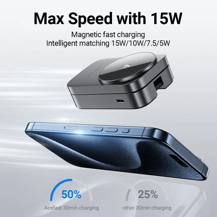 Acefast Desktop 3-in-1 Wireless Charger showcasing magnetic fast charging with 15W power.