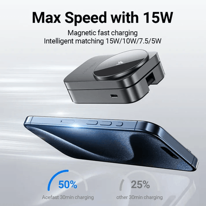 Acefast Desktop 3-in-1 Wireless Charger showcasing magnetic fast charging with 15W power.