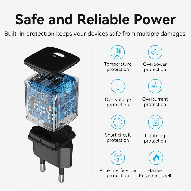 Venion 1-Port USB-C Wall Charger PD20W features safe and reliable power with built-in device protection.