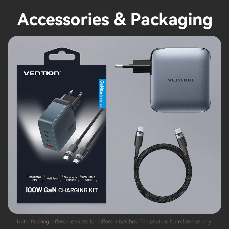 Vention 4-Port USB GaN Charger with Cable (1M) accessories and packaging image showing the charger and cables.