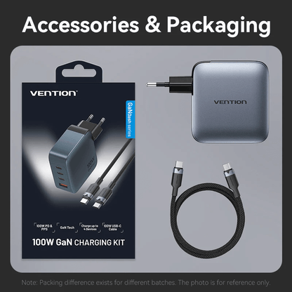 Vention 4-Port USB GaN Charger with Cable (1M) accessories and packaging image showing the charger and cables.