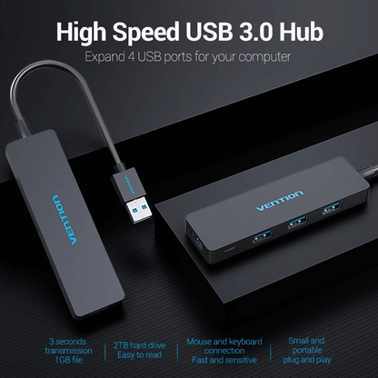 Vention 4-in-1 USB 3.0 Hub for expanding connectivity with 4 ports and high-speed data transfer.
