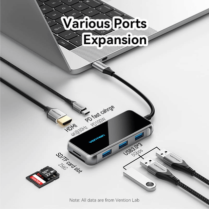 Vention 7-in-1 USB-C USB Hub connected to a laptop, showcasing various ports for expansion.