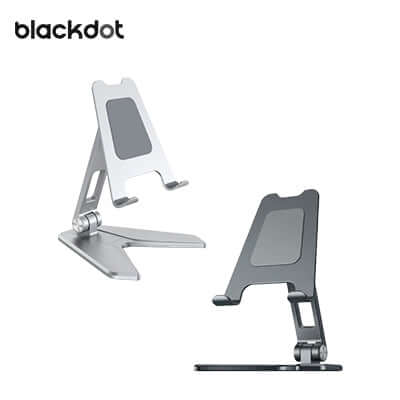 Blackdot A-Hold Premium Universal Adjustable Phone & Tablet Portable Aluminum Holder in silver and black.