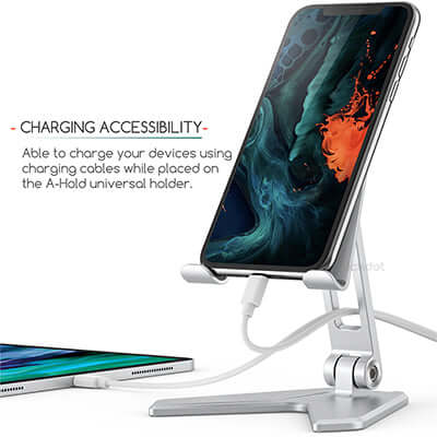 Blackdot A-Hold Premium Universal Adjustable Phone & Tablet Portable Aluminum Holder with charging accessibility feature.