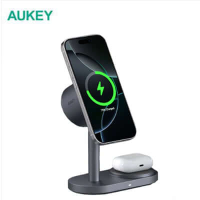 AUKEY LC-MC213 Qi2.2 MagFusion 2X 2-in-1 25W Magnetic Wireless Charging Station with phone and earbuds