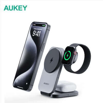AUKEY LC-MC312 MagFusion Z Qi2 3-in-1 Foldable Magnetic Fast Wireless Charging Station with phone and Apple Watch
