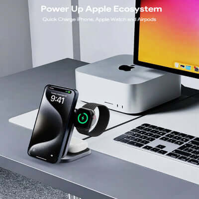 AUKEY LC-MC312 MagFusion Z Qi2 3-in-1 Foldable Magnetic Fast Wireless Charging Station with iPhone and Apple Watch.