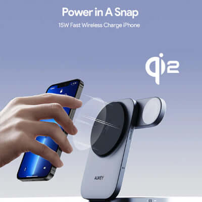 AUKEY LC-MC312 MagFusion Z Qi2 3-in-1 Foldable Magnetic Fast Wireless Charging Station with iPhone